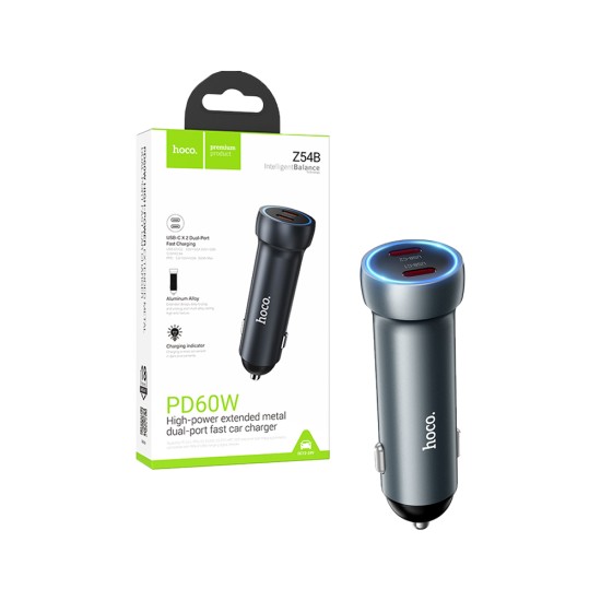 Cargador De Coche Hoco Z54B Prosperous 2 Puertos Tipo-C PD60W Gris Metalizado